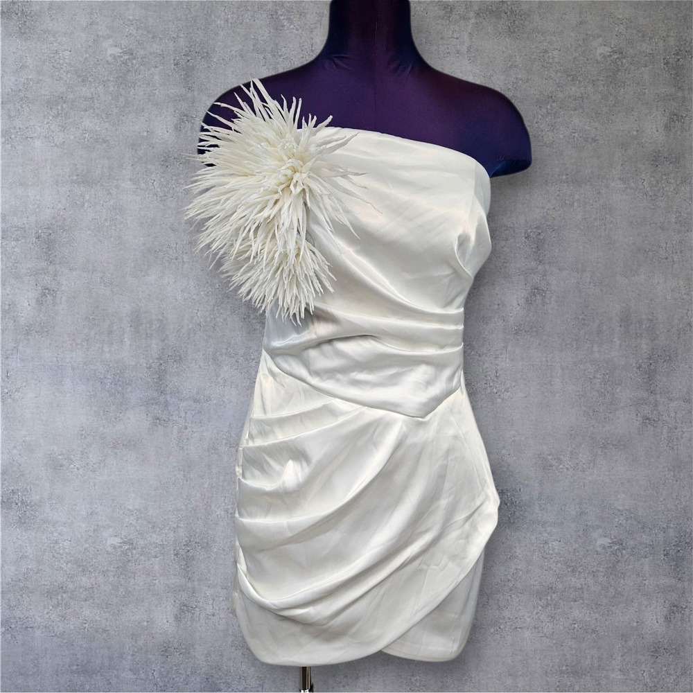 AKIRA White One Shoulder Dress Party Cocktail Feather Mini Size XL T17
